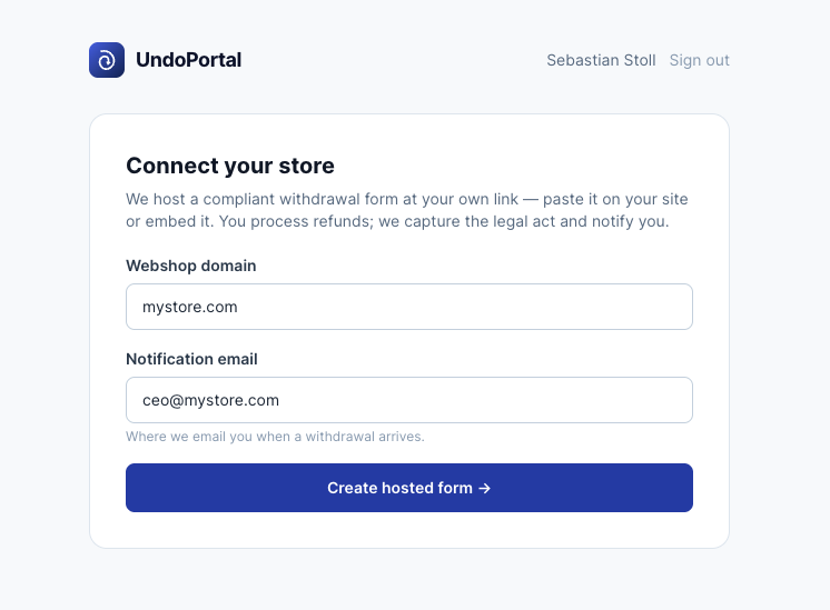 Fill in your store domain and notification email, and click Create hosted form