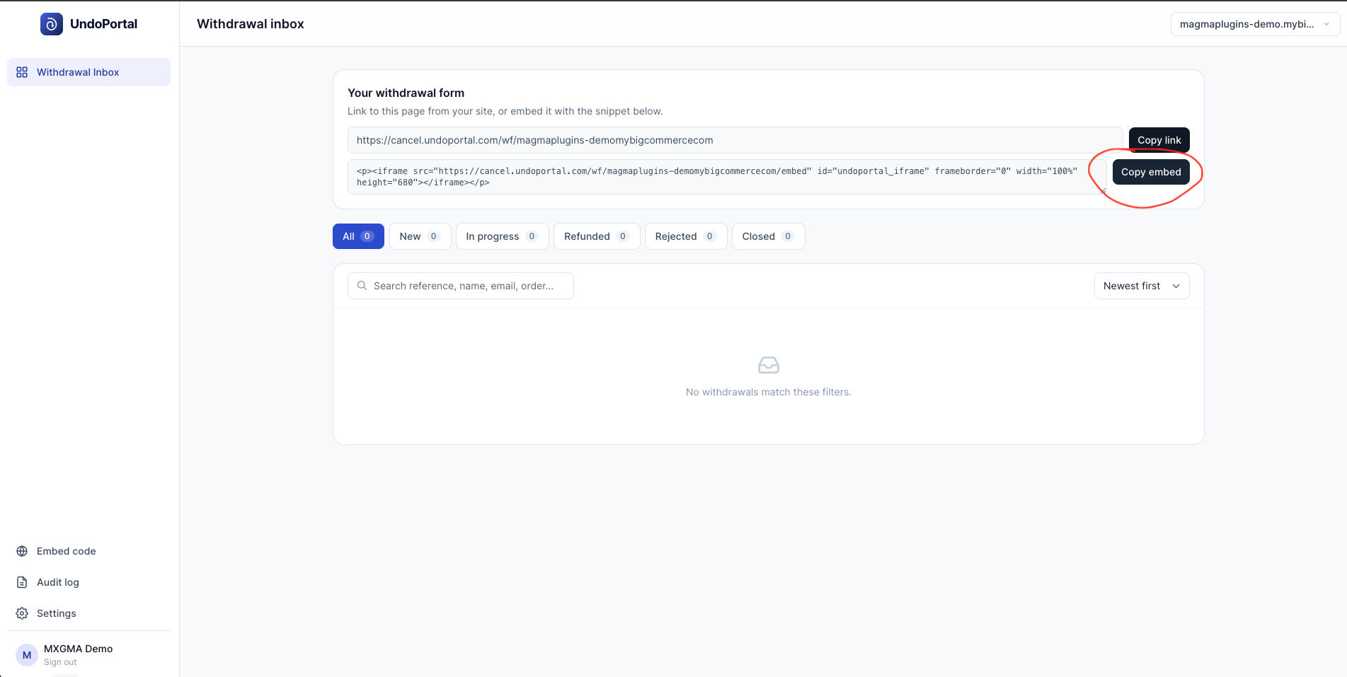 Click the Copy embed button to copy the iframe code