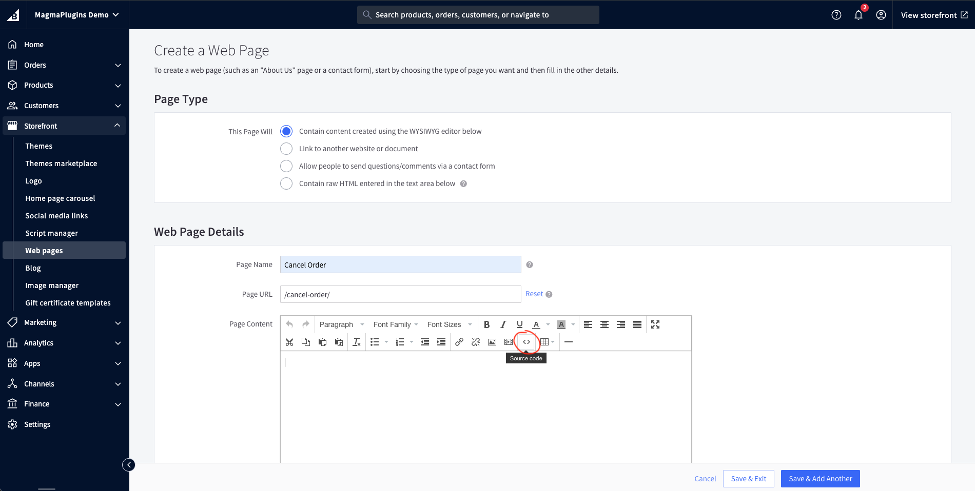 Give the page a name and click the Source code button