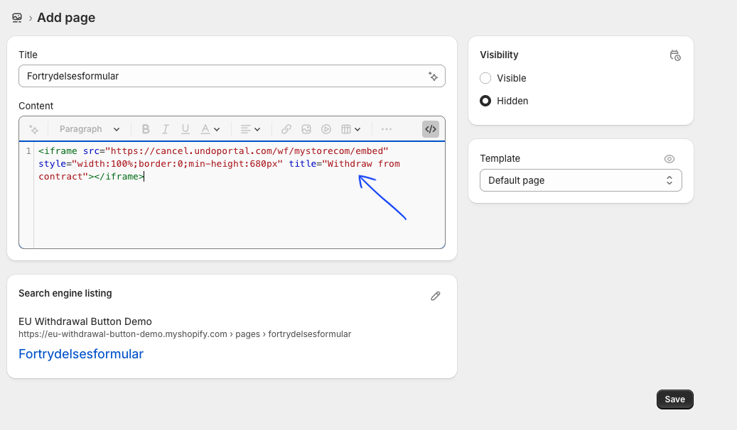Indsæt den kode, du kopierede i trin 3, i HTML-feltet